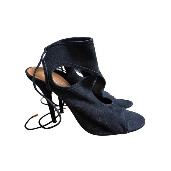 Aquazzura Black Suede Ankle Strap w Tie Heels Sandals Formal Shoes Size It 38.5 - Picture 3 of 11